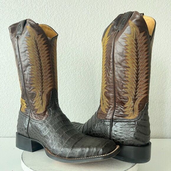 NEW Rod Patrick Mens Cowboy Boots 13.5B Brown Caiman Leather Western Square Toe - Picture 1 of 12